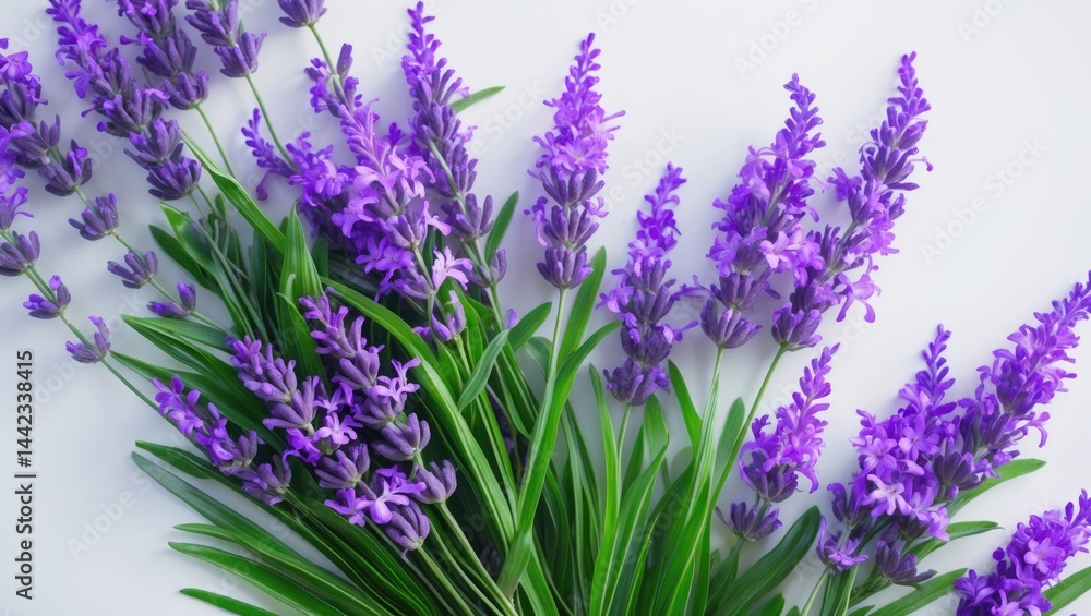 Fototapeta premium Lavender flowers in isolation. Lavender arrangement on white. Positioned on a white surface. Entire depth of field.