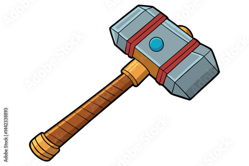 cartoon sledgehammer with a bold red head and golden accents, designed for hard hitting tasks like demolition and construction