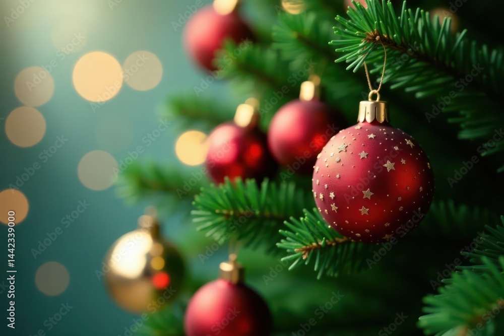 Sparkling ornaments adorn a lush, green Christmas tree , bokeh, colorful, holiday season Sparkling ornaments adorn a lush, green Christmas tree , bokeh, colorful, holiday season