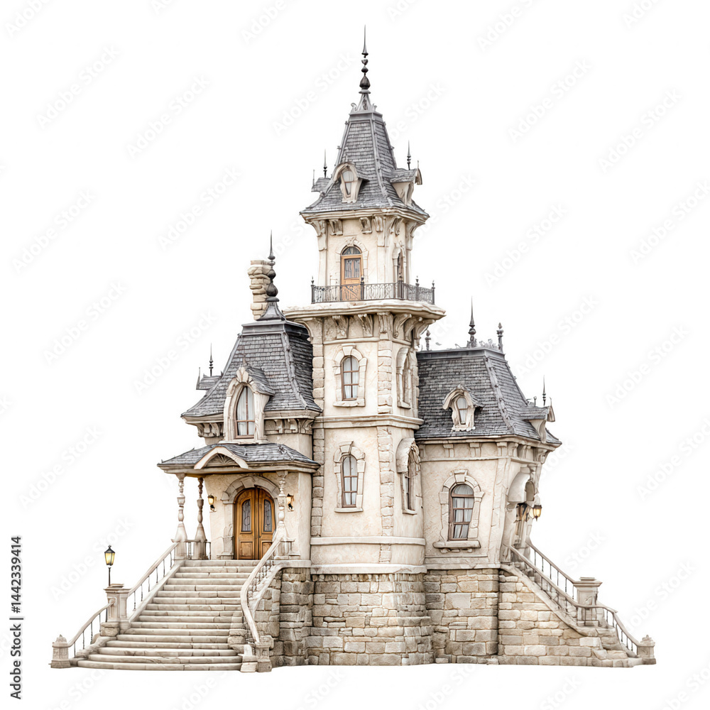 Fototapeta premium An ornate victorian style mansion stands tall against a plain white backdrop.