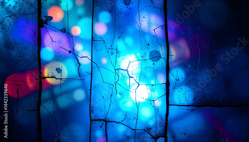 Distressed background. Colorful lens flare. Blue weathered faded stained glass with dust scratches texture smeared dirt blur rainbow light effect, enhance. with white shades