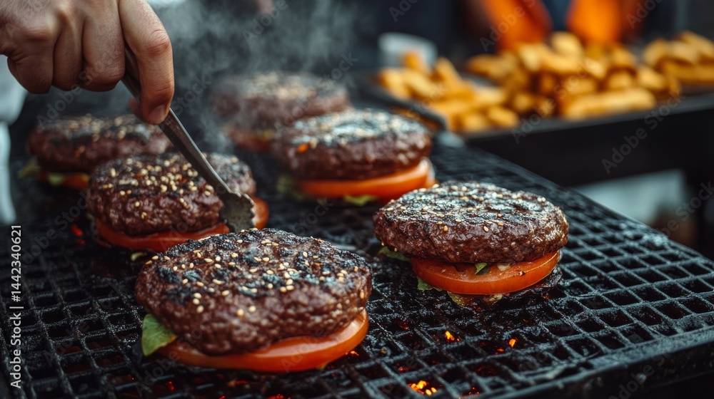 Grill with burgers and fries in the background, food being cooked over an open flame. Ideal for advertising fast food, restaurant menus, cooking blogs.