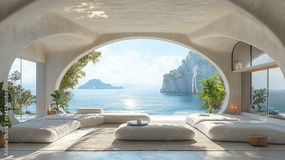 Fototapeta premium Coastal retreat boasts ocean views. Relax on plush cushions in this serene getaway, surrounded by the beauty of nature and seascape.