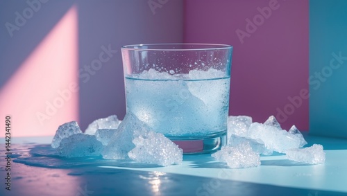 Close-up view of a glass containing crushed ice, isolated on a background.