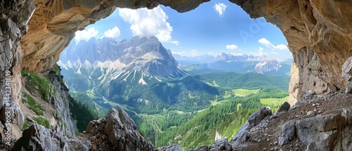 Obraz na płótnie View of mountain landscape with green valleys and snowy peaks through a hole in the rock. Suitable for tourist brochures, advertising of outdoor activities or design of adventure blogs. w salonie
