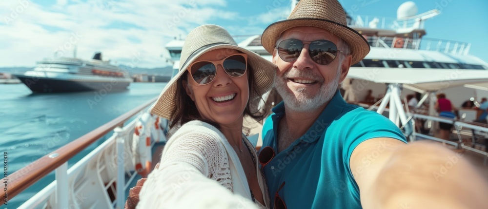 Elderly couple taking selfies in front of a cruise ship while enjoying their vacation. Perfect for travel blogs, cruise ads, articles about retirement vacations.
