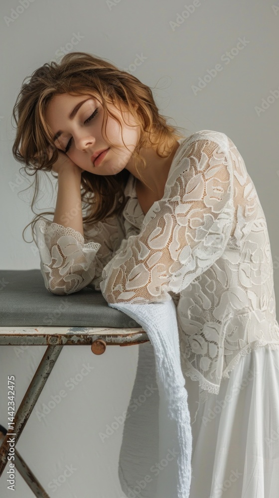 Girl in white lace dress sitting on a chair, leaning on her arm, in a calm environment. Useful for fashion, style, relaxation.