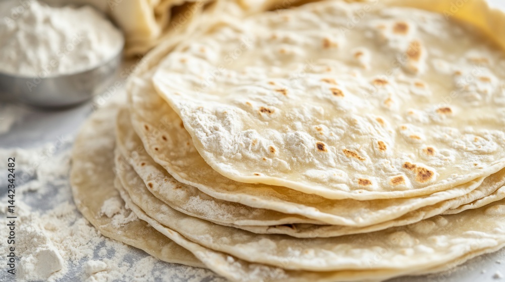 Freshly Made Flour Tortillas Stacked High with Flour Bowl Background Freshly Made Flour Tortillas Stacked High with Flour Bowl Background