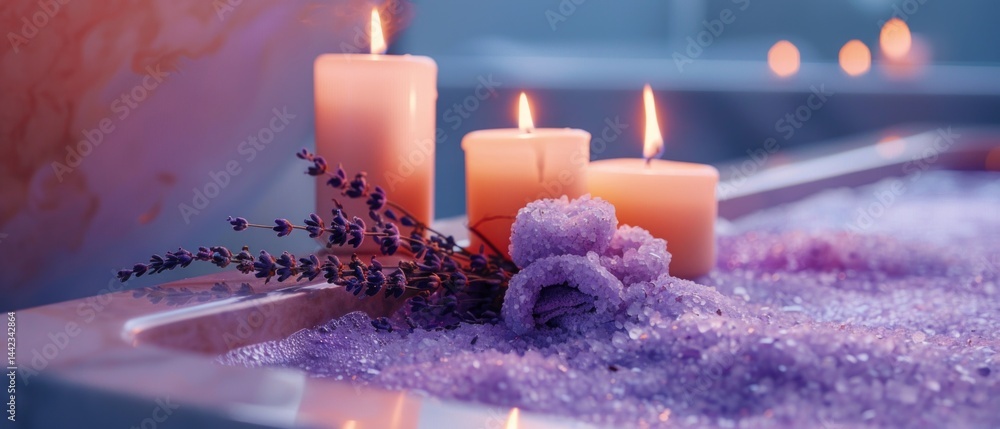 Cozy bathroom with scented candles and lavender, creating an atmosphere of relaxation and comfort, perfect for interior design, spa advertising, self-care blogs.