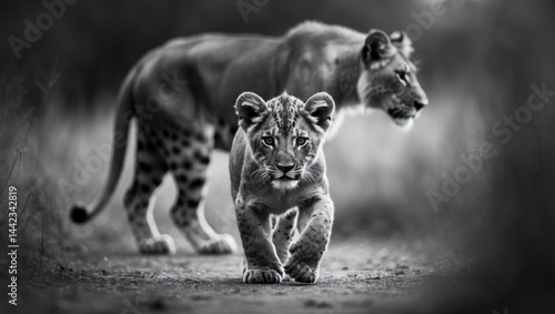 A black and white scene featuring a lion cub near its mother.