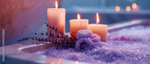 Cozy bathroom with scented candles and lavender, creating an atmosphere of relaxation and comfort, perfect for interior design, spa advertising, self-care blogs.