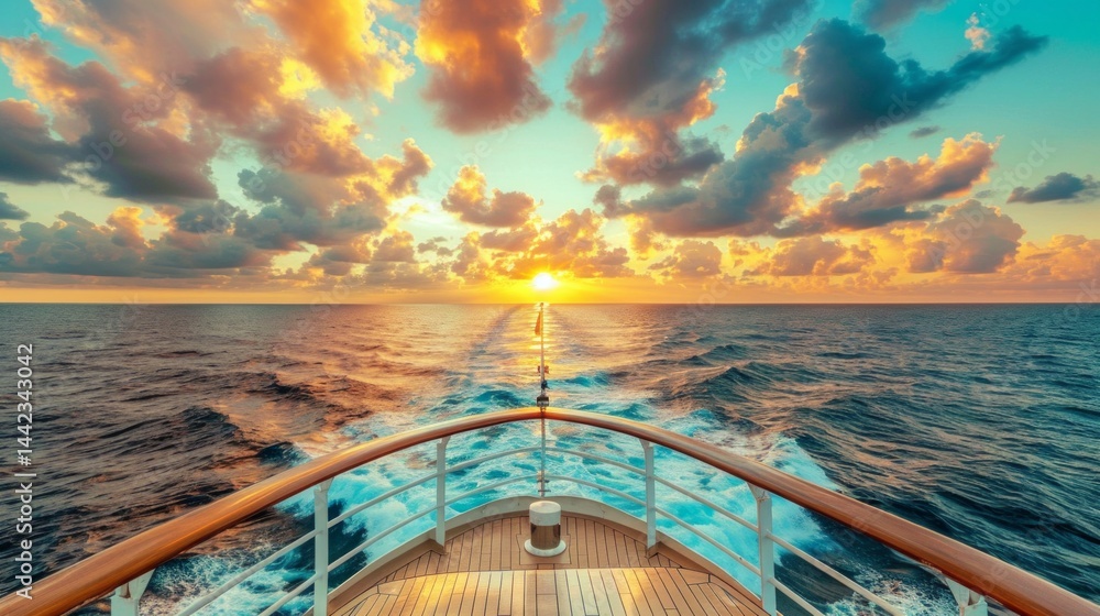 Sunset over the ocean overlooking the deck of a ship, perfect for travel websites, cruise ads, romantic articles and design backgrounds.