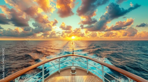 Obraz na płótnie Sunset over the ocean overlooking the deck of a ship, perfect for travel websites, cruise ads, romantic articles and design backgrounds. w salonie