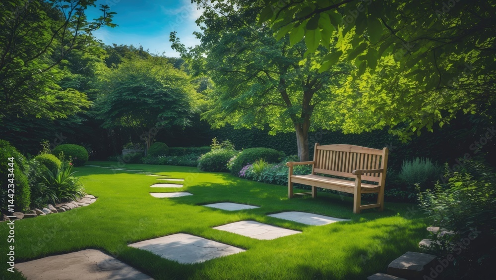 Fototapeta premium Wooden benches placed in the garden setting