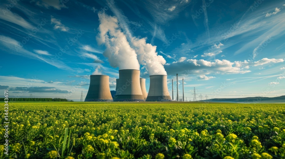 Industrial landscape with power plant on the background of a field. Ideal for illustrations of industry, energy, ecology.