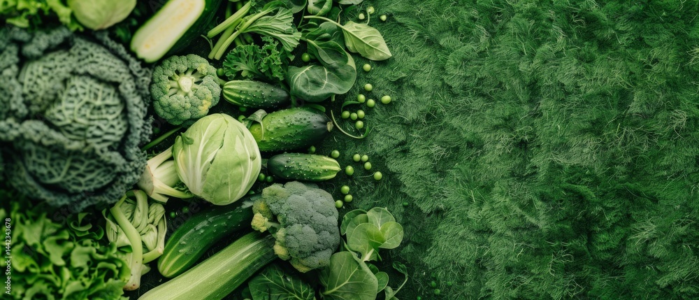 Green vegetables on grass background. Suitable for culinary, healthy eating and environmental themes.