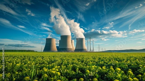 Obraz na płótnie Industrial landscape with power plant on the background of a field. Ideal for illustrations of industry, energy, ecology. w salonie