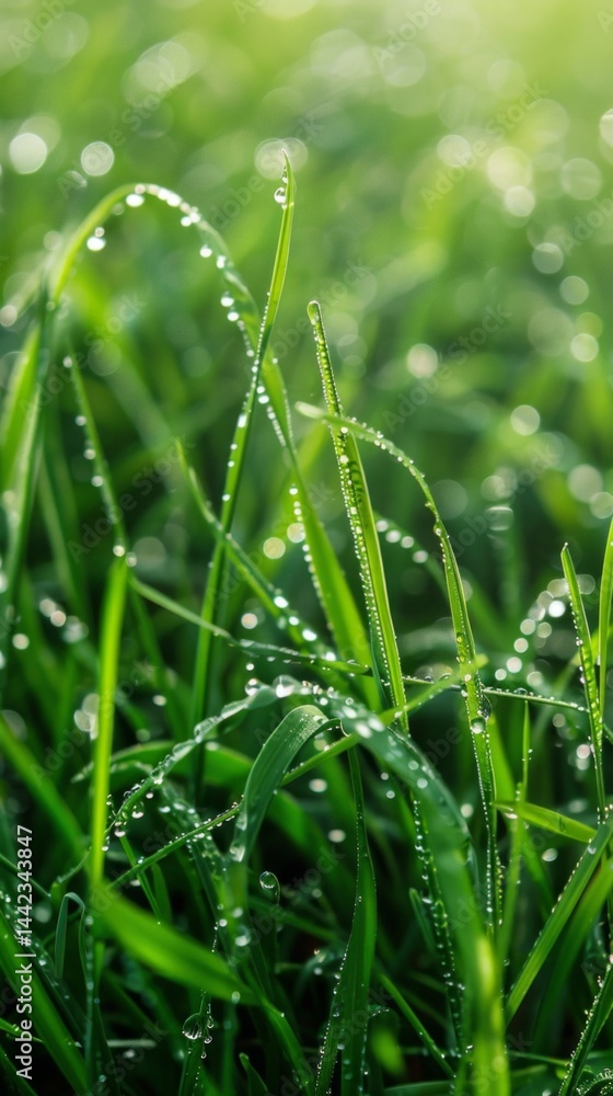 Green grass with dew drops against blurred green background. Suitable for ecological themes, articles about nature, advertising of organic goods.