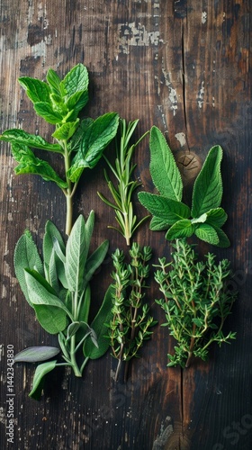 Obraz na płótnie Fresh green herbs on a wooden surface: mint, rosemary, sage, thyme. Ideal for cooking blogs, recipes, advertising organic products. w salonie