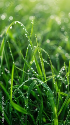Obraz na płótnie Green grass with dew drops against blurred green background. Suitable for ecological themes, articles about nature, advertising of organic goods. w salonie