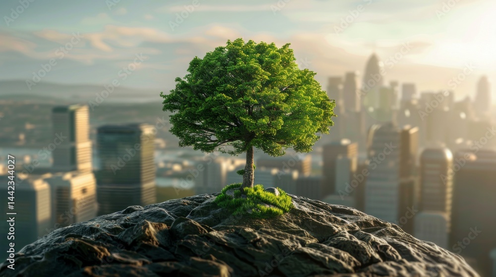 Green tree on the background of urban landscape, symbolizing the harmony of nature and urbanism. Suitable for environmental initiatives, urban design, educational materials.