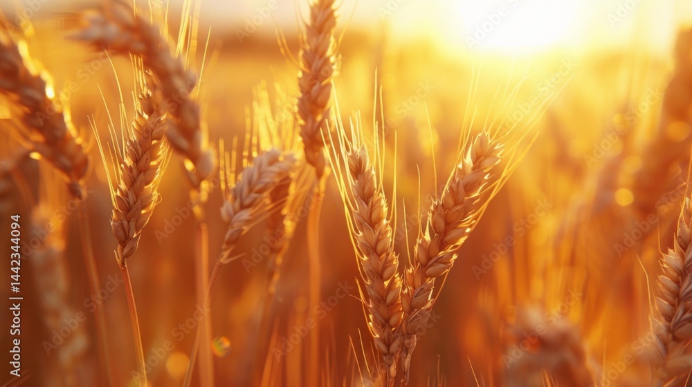 Golden ears of wheat on the background of sunset, creating an atmosphere of warmth and coziness. Ideal for agricultural projects, culinary blogs, holiday decorations.