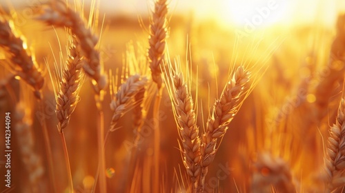 Obraz na płótnie Golden ears of wheat on the background of sunset, creating an atmosphere of warmth and coziness. Ideal for agricultural projects, culinary blogs, holiday decorations. w salonie