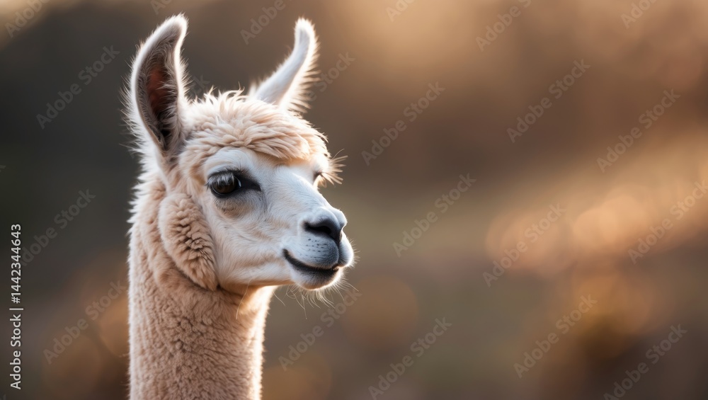Obraz premium White-coated Alpaca in Close-up with Brown Background