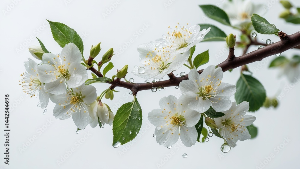 Fototapeta premium Zoomed-in shot of a blossoming apple twig with raindrops