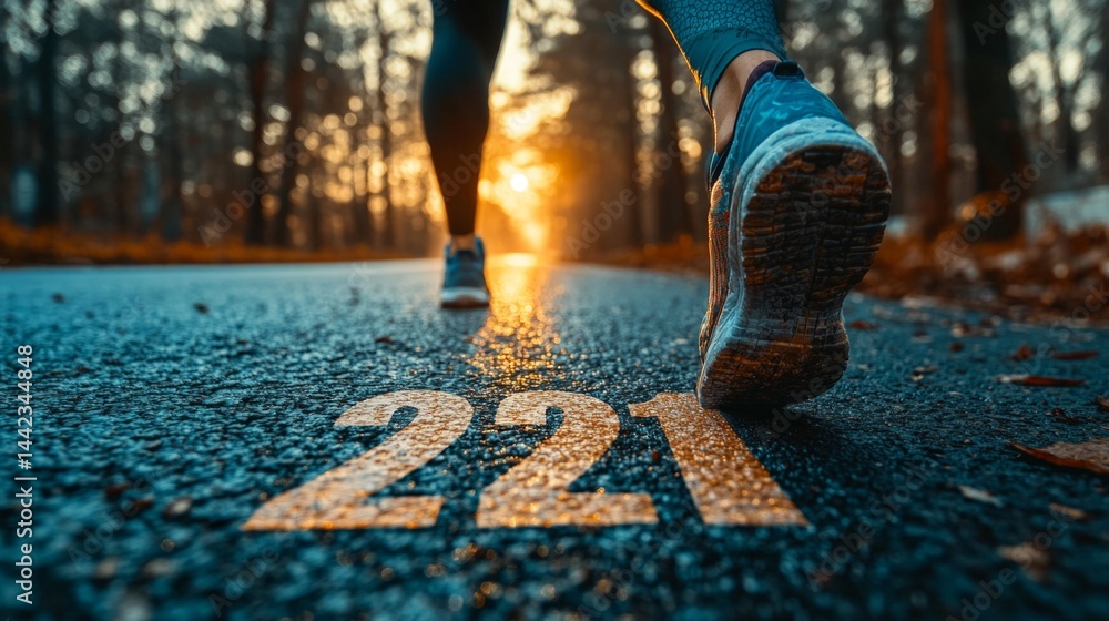 Foot of athlete in sneaker crosses finish line with number 221 on asphalt. Great for sports blogs, marathon ads, motivational posts.
