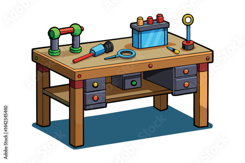 neat workbench with tools like wrenches, paints, and a toolbox, ideal for DIY enthusiasts and perfect for labour day or labor day activities