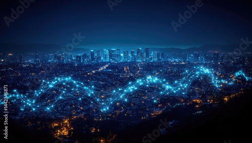 Night cityscape with illuminated data network overlay.
