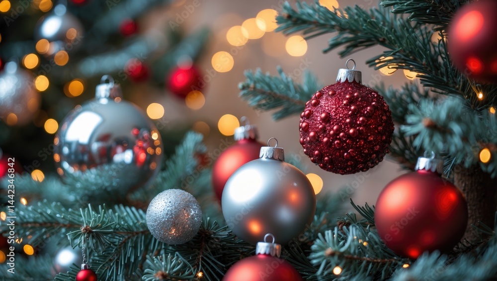 Fototapeta premium Detailed view of Christmas decorations and ornaments on a tree