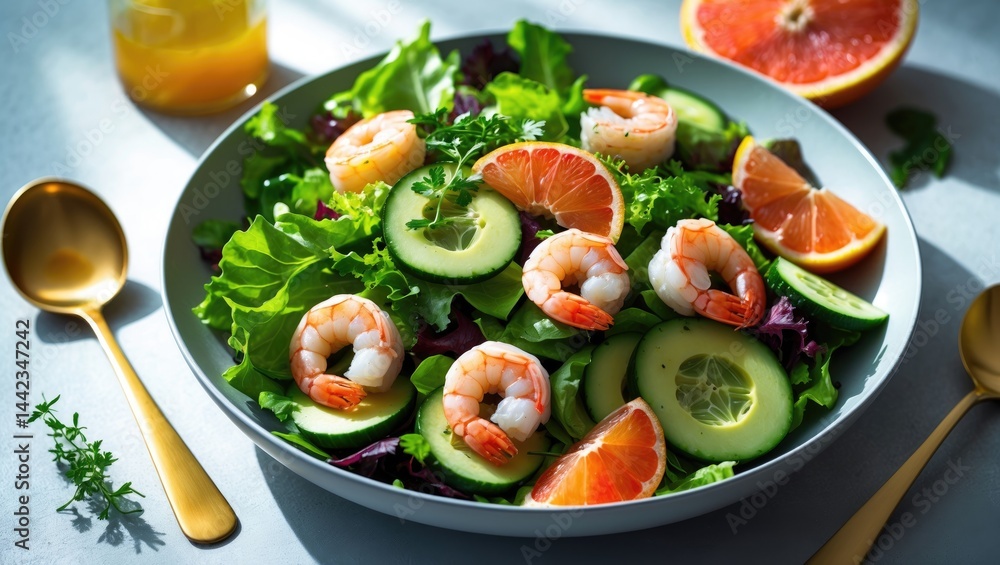 Appetizing salad with shrimp, grapefruit, avocado, cucumber, and green salad mix. Healthy eating. Appetizing salad with shrimp, grapefruit, avocado, cucumber, and green salad mix. Healthy eating.