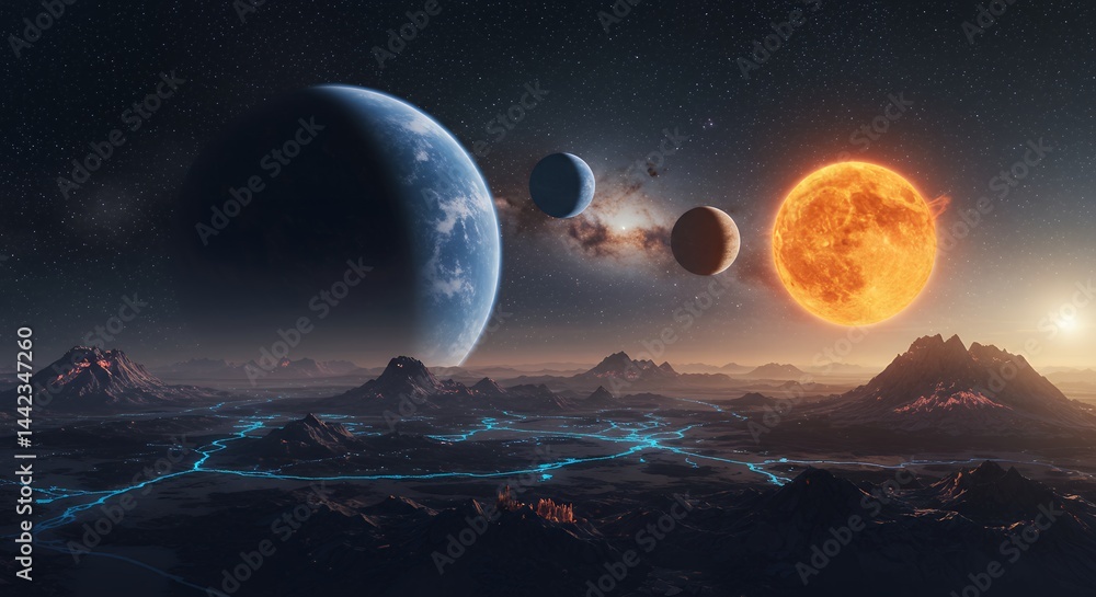 Planets in space digital illustration of solar system celestial bodies with dark background Planets in space digital illustration of solar system celestial bodies with dark background