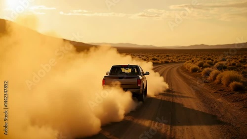 Wallpaper Mural A pickup truck drives along a dusty road, kicking up clouds of dust at sunset, highlighting adventure and freedom. Torontodigital.ca