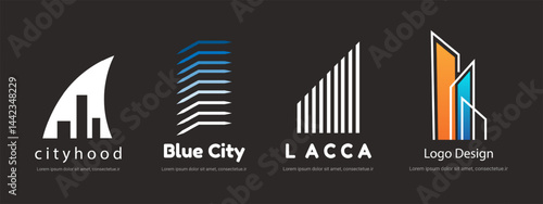 Corporate skyline logo with rising blue bars for real estate or tech branding