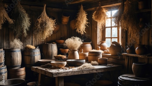 Inside an old wooden cottage hallway, showcasing dried flowers and herbs, wooden pots, buckets, and barrels under the glow of the morning sun. Still life.