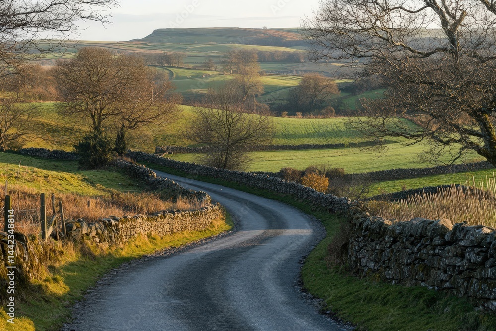 Obraz premium Winding Country Road Through Patchwork Fields at Sunset