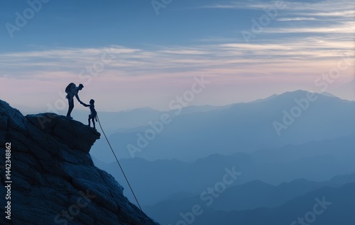 Bergsteiger auf einem Gipfel im Hochgebirge benötigen Hilfe beim Aufstieg