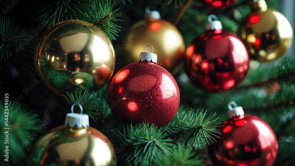 Fototapeta premium Christmas tree ornaments and hanging baubles