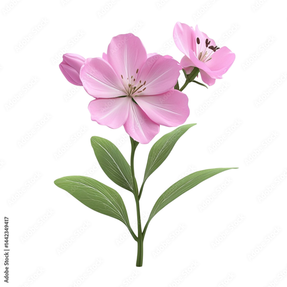 Fototapeta premium Pink flowers with green leaves on a colorful striped background