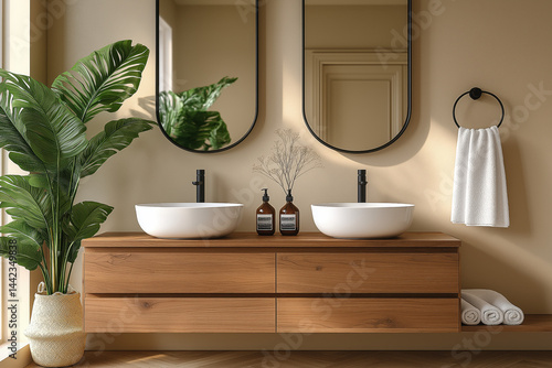 Salle de bain design avec double vasque moderne et meuble en bois clair, ambiance naturelle lumineuse et décoration végétale