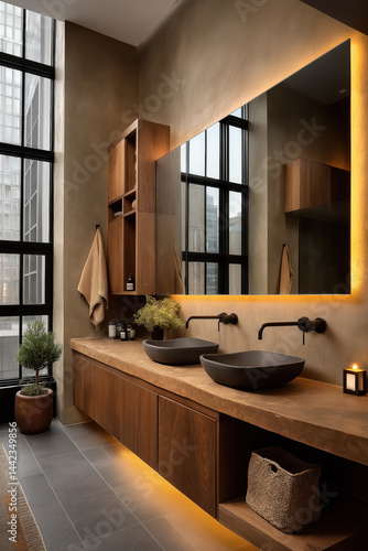 Salle de bain design avec double vasque moderne et meuble en bois clair, ambiance naturelle lumineuse et décoration végétale