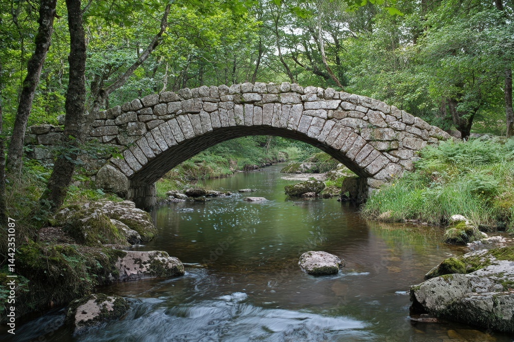 Ancient Stone Bridge Arching Over Calm River in Lush Scottish Valley Ancient Stone Bridge Arching Over Calm River in Lush Scottish Valley