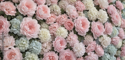 Soft pastel artificial flower wall  Roses, peonies, hydrangeas ,  wall,  photography