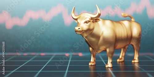 Golden bull statue atop financial chart, symbolizing bullish market trend and economic growth