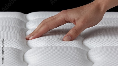 Soft, comfortable mattress surface.  A hand gently touches a white, textured mattress top