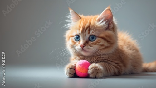 Sweet little cat with blue eyes is lying on the ground near a little ball