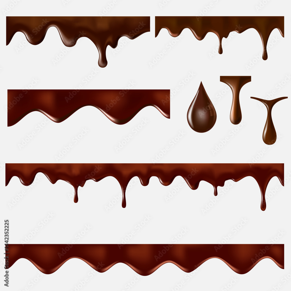 Chocolate melt drip. 3d vector realistic seamless pattern isolated on white
